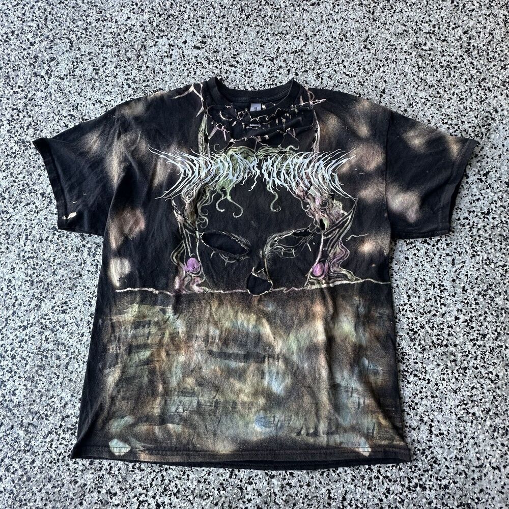 Gildan Custom T-Shirt Goth Heavy Metal Graphic Print Bleached Disstressed Grunge